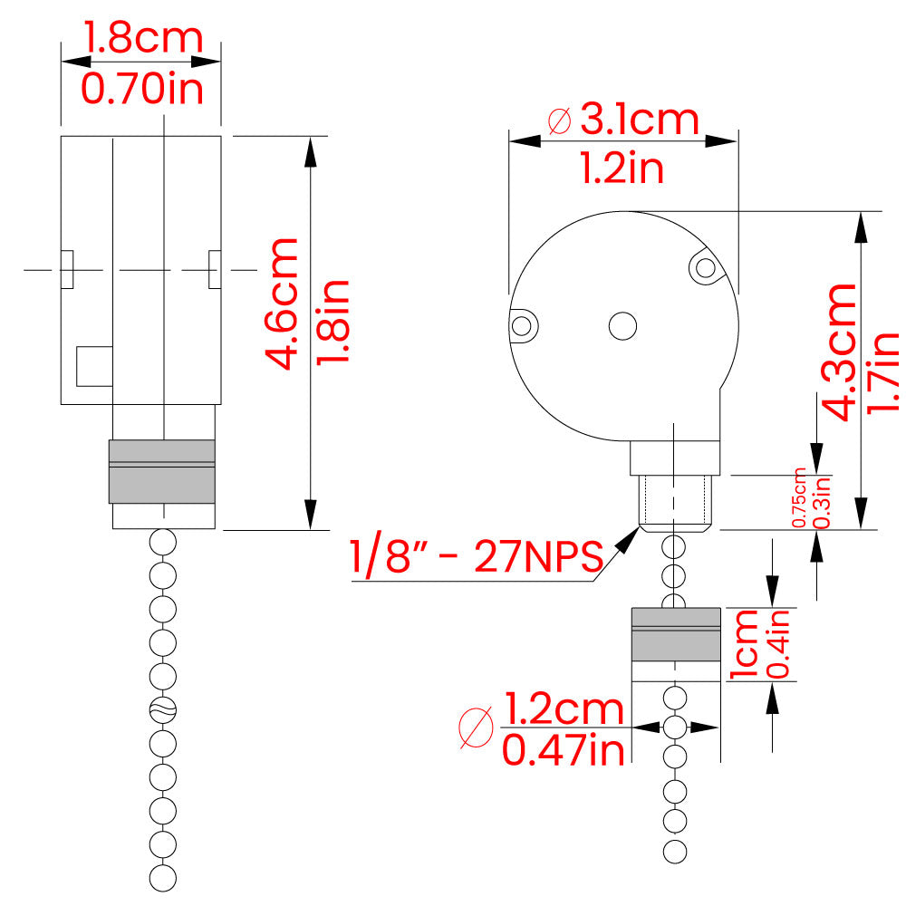 Zing Ear ZE 228S 2 speed fan switch - dimensions